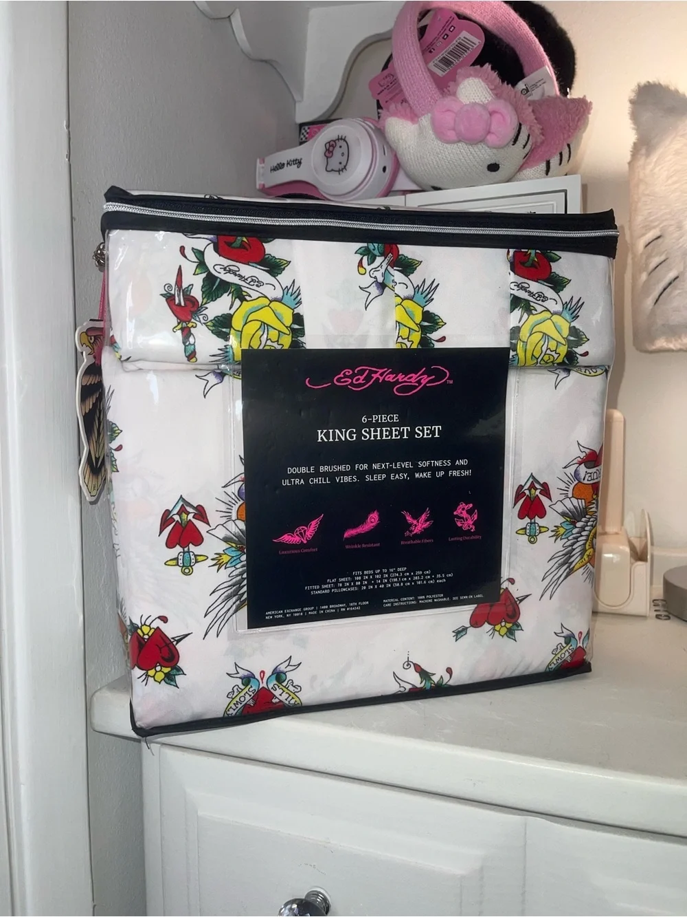 NWT Ed Hardy King Sheet Set in White with Red, Yellow & Green Tattoo Motifs